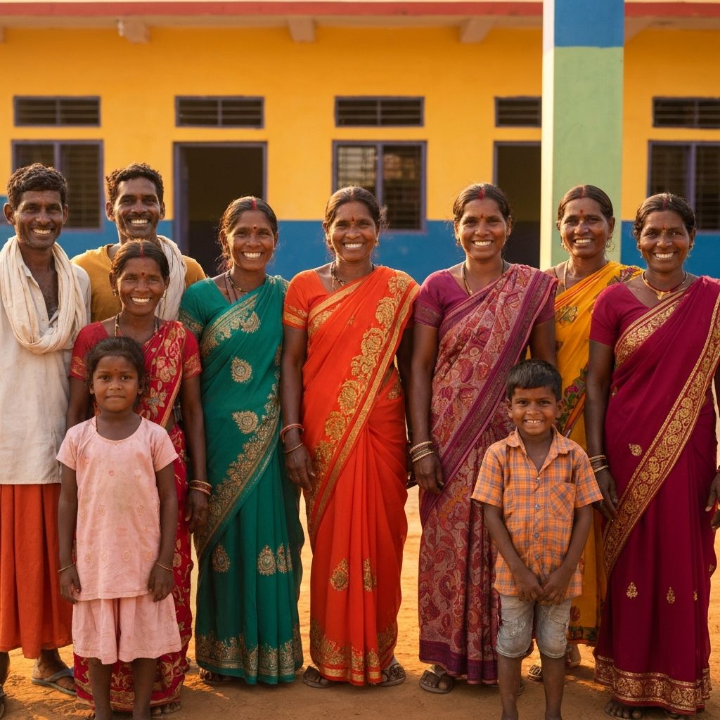 Joyful villagers in front of a community building