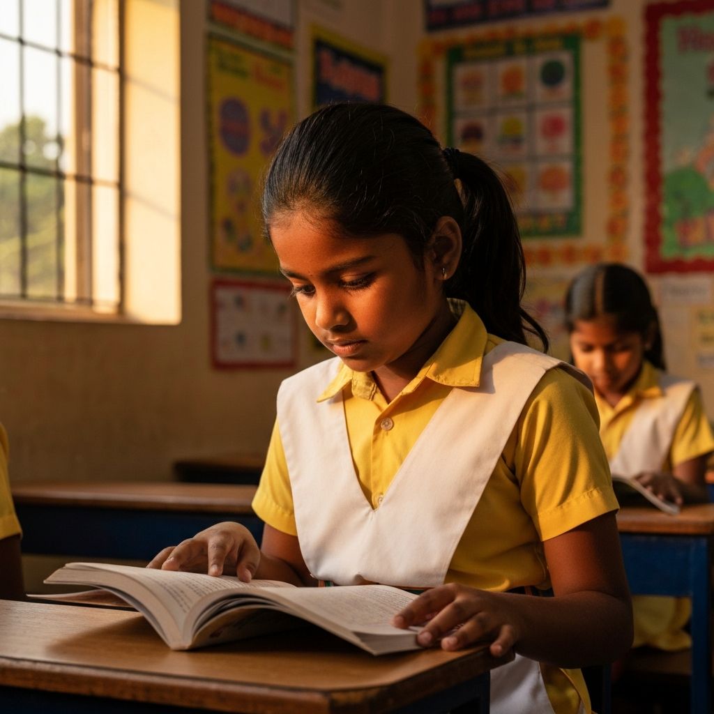 A child reading a book in a bright classroom