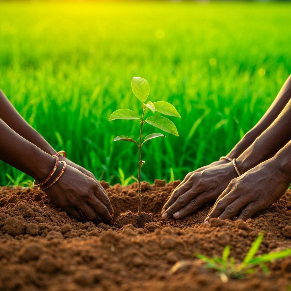 Hands planting a sapling in rich soil