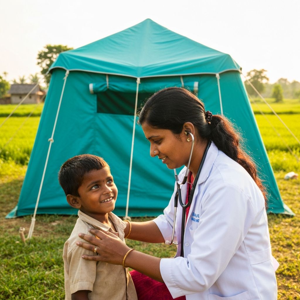Doctor caring for a child at a rural health camp