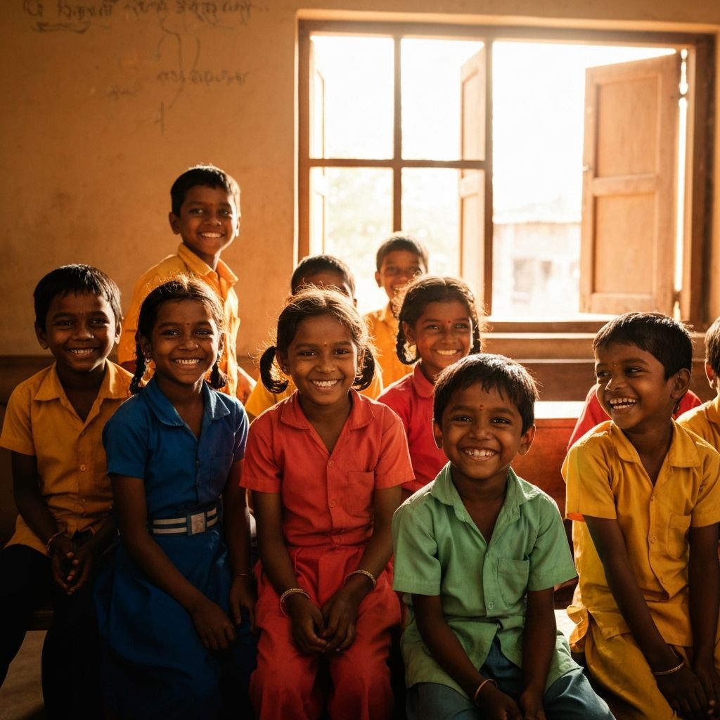 Smiling rural Indian schoolchildren in a classroom